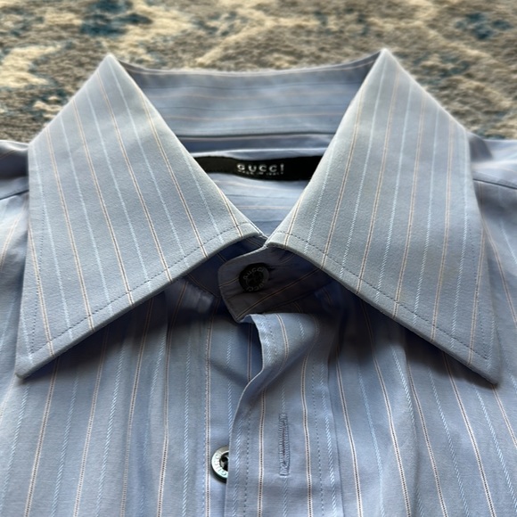 Gucci button down Shirt in light blue with lines of blue and dark red/brown - Picture 7 of 13